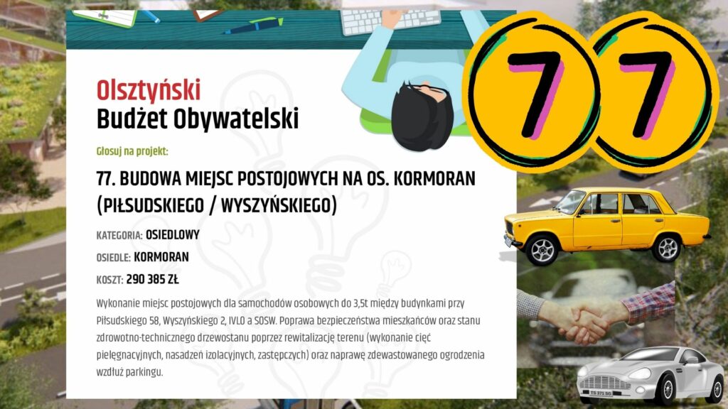 Plakat informacyjny-Olsztyński Budżet Obywatelski. Głosuj na projekt 77. Budowa Miejsc Postojowych na Osiedlu Kormoran ( Piłsudskiego/ Wyszyńskiego) 
