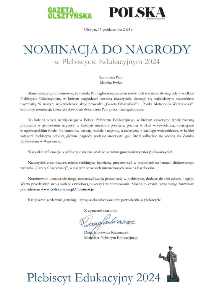 Nominację do nagrody w Plebiscycie Edukacyjnym 2024 otrzymuje Pani Monika Ewko