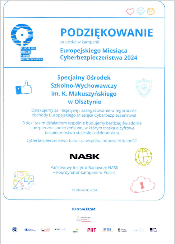 Podziękowanie za udział w kampanii Europejskiego Miesiąca Cyberbezpieczeństwa otrzymuje SOSW.  Koordynatorem kampanii w Polsce jest Państwowy Instytut Badawczy NASK