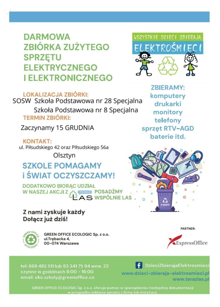 Plakat informacyjny dotyczący terminu oraz miejsca zbiórki elektrośmieci