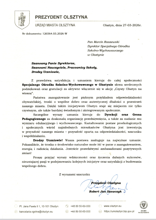 Podziękowanie od Prezydenta Olszyna Roberta Szewczyka za udział w akcji,, Czysty Olsztyn na wiosnę"