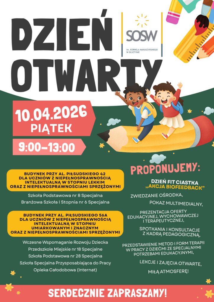 Plakat informacyjny:Dzień otwarty SOSW -10.04.26 w godz. 9.00-13.00